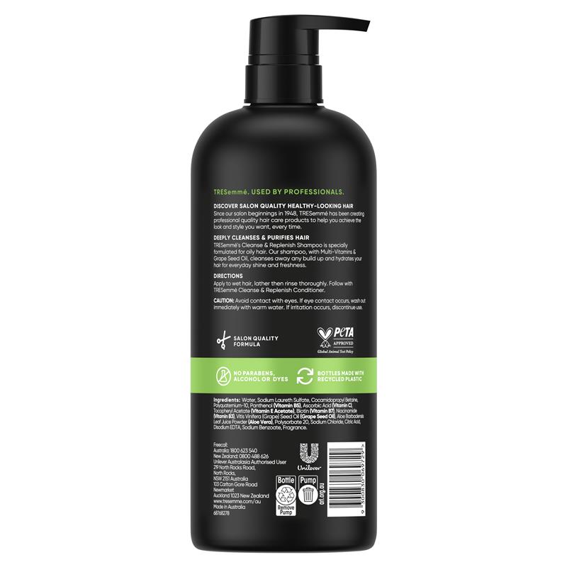 TRESemmé Cleanse & Replenish Shampoo 940ml for Everyday Shine and Freshness - Ingredients Label