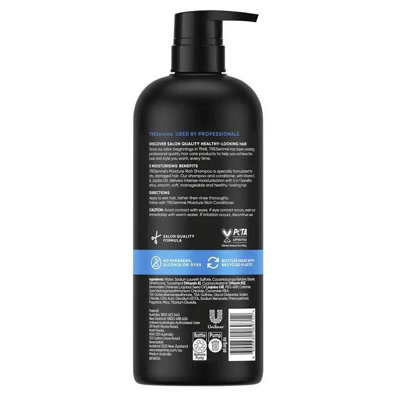 TRESemmé Moisture Rich Shampoo 940mL for 5-in-1 Healthy, Shiny Hair - Ingredients Label