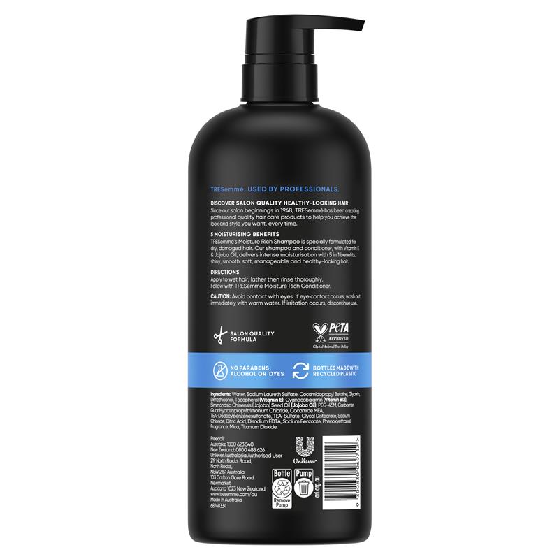 TRESemmé Moisture Rich Shampoo 940ml for 5-in-1 Healthy, Shiny Hair - Ingredients Label