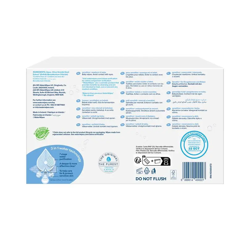 WaterWipes Sensitive+ Newborn & Baby Wipes 360 Count 99.9% Water - Ingredients Label