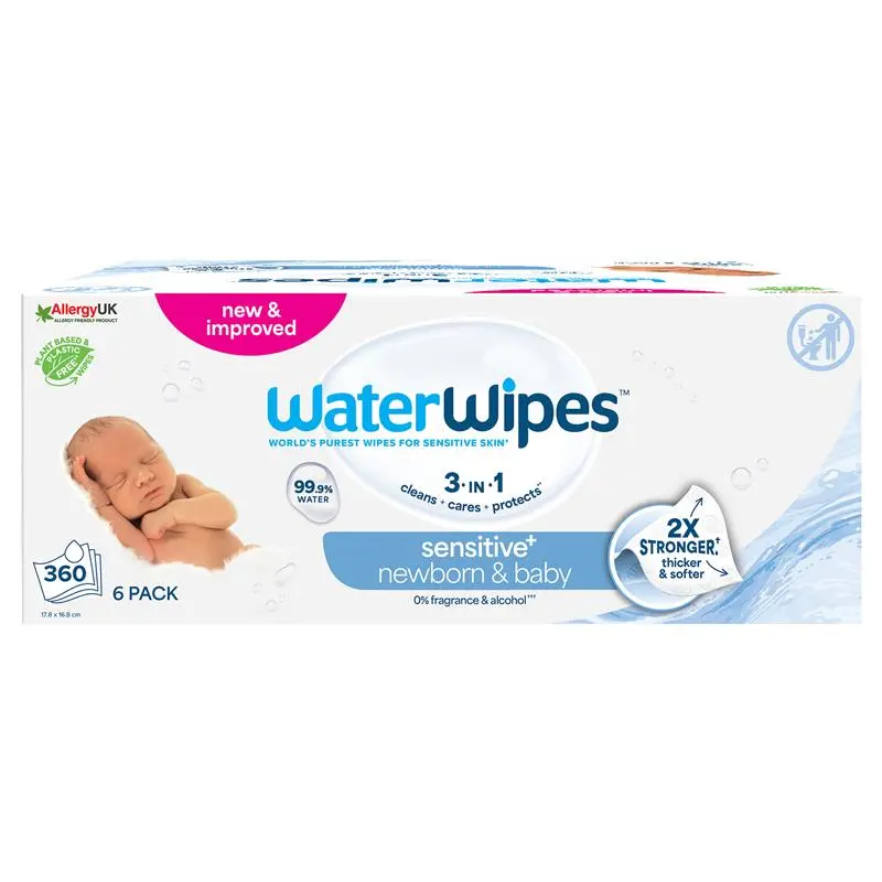 WaterWipes Sensitive+ Newborn & Baby Wipes 360 Count 99.9% Water