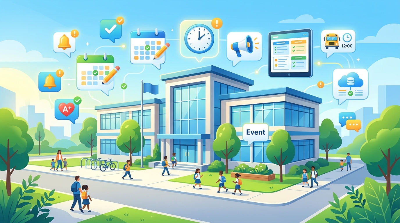 Illustration of a school building with digital notification icons, calendars, and mobile phone screens floating around it, representing automated fee reminders and efficient school management.