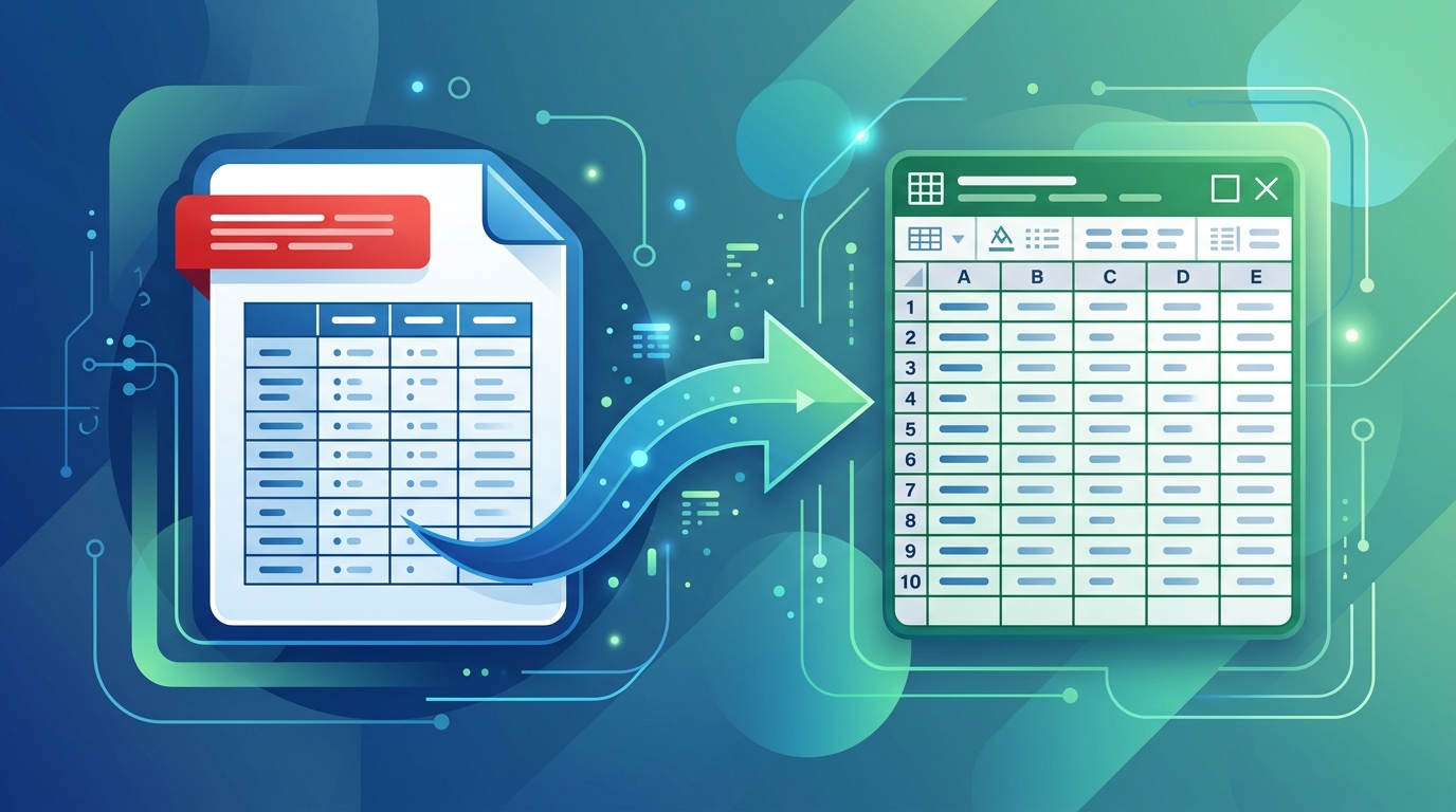 Illustration of a PDF document transforming into an Excel spreadsheet with data and formatting perfectly preserved.