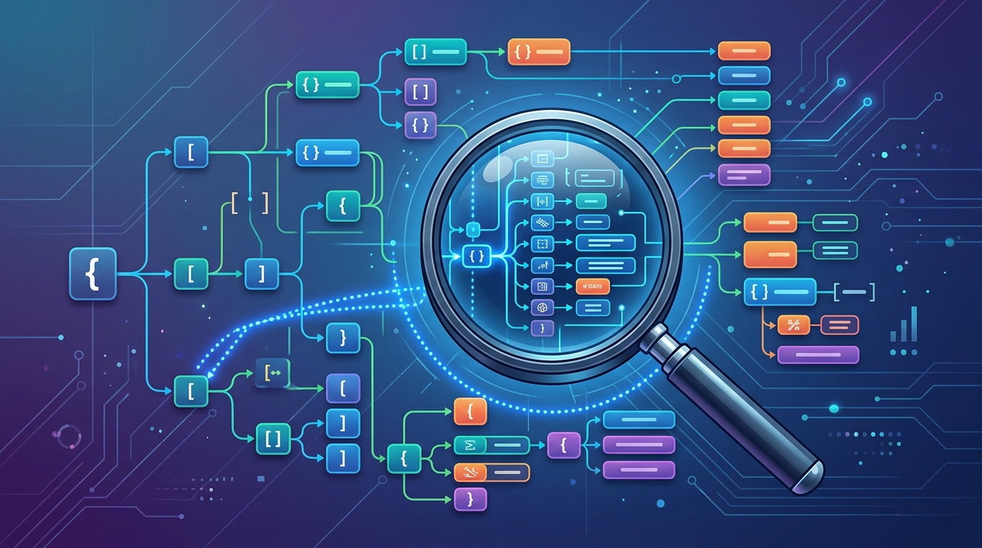 A magnifying glass hovering over a complex, colorful JSON data structure, illustrating the process of inspecting and navigating nested data.
