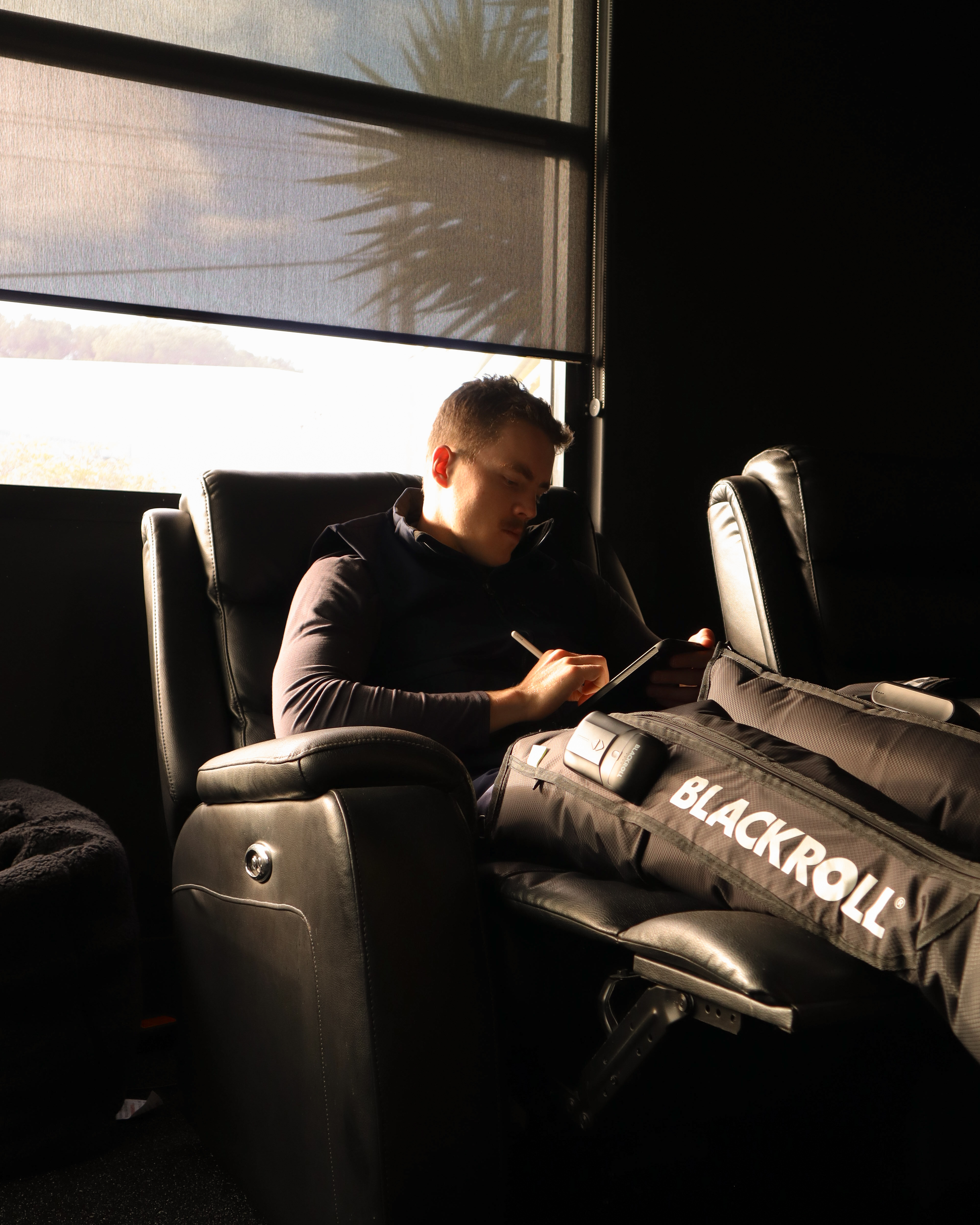 Studying at Off The Field while in compression boots