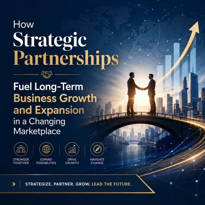 Strategic partnerships for business growth & expansion. Two men shake hands on a bridge with a city & growth chart.