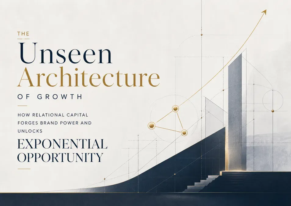 The Unseen Architecture of Growth. Abstract blueprint with rising arrow, network nodes, and steps to a glowing opportunity.