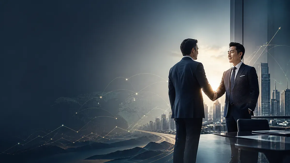 Businessmen shaking hands in a modern office with a city skyline, global network, and growth lines.
