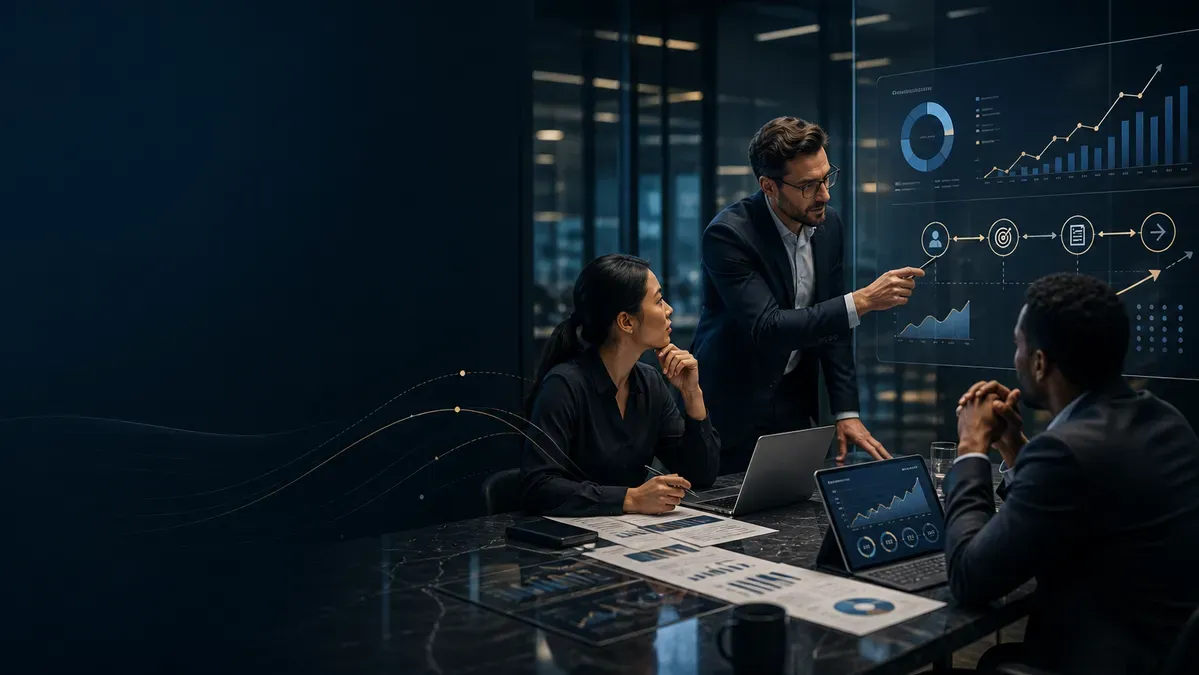 Three business professionals collaborating on data analytics with digital charts and graphs on a transparent screen.