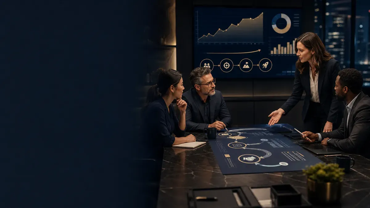 Diverse business team discusses strategy using interactive data displays in a modern meeting room.