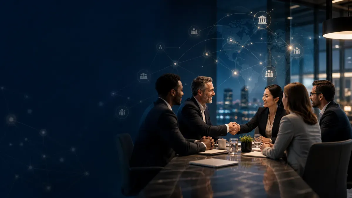 Diverse business team shaking hands in a modern office with a global network overlay, symbolizing partnership and technology.