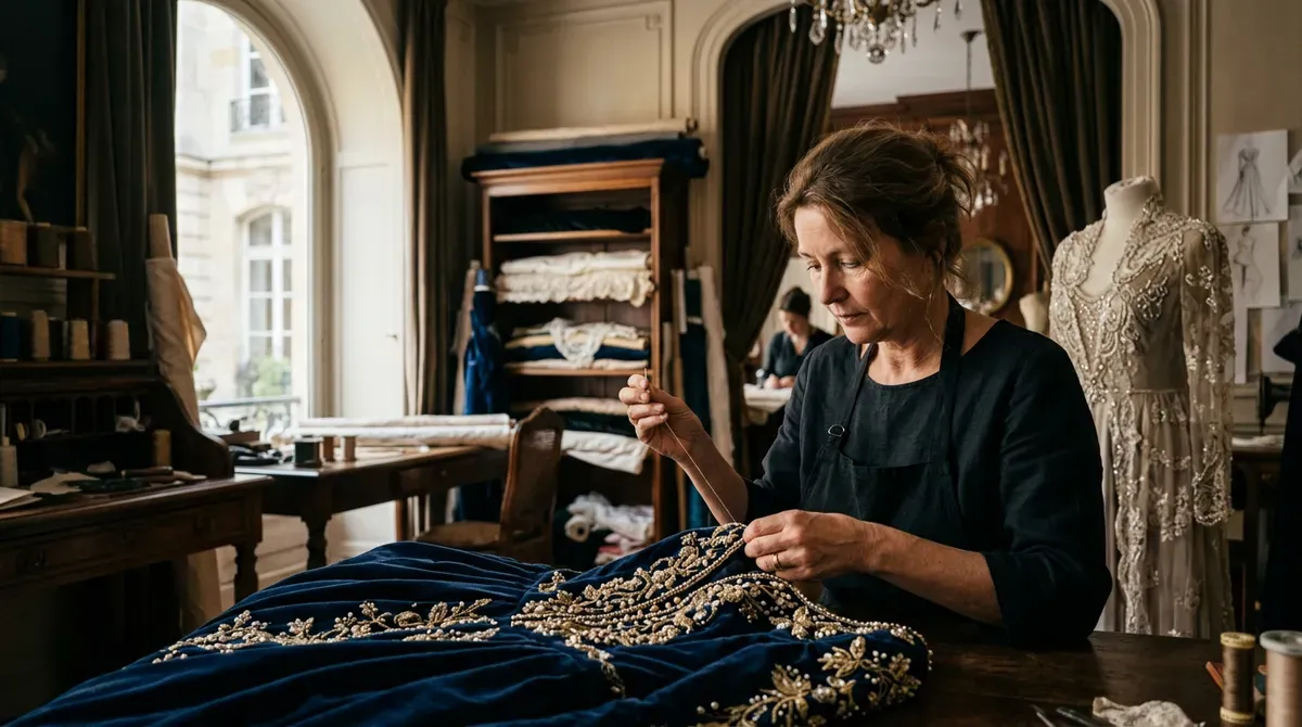 Couturier meticulously hand-embroidering a blue velvet dress with gold and pearl embellishments in her elegant atelier.