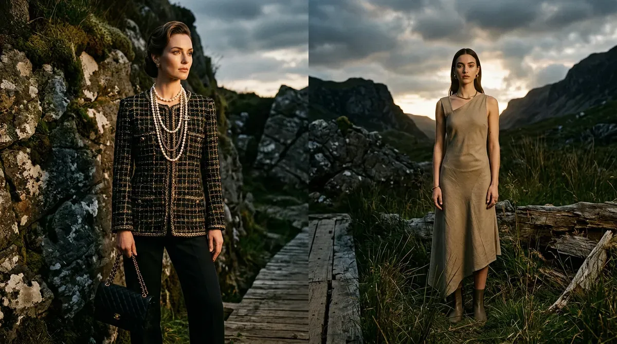 Two women in high fashion in a rugged mountain landscape. One in a tweed jacket, the other in a beige dress.