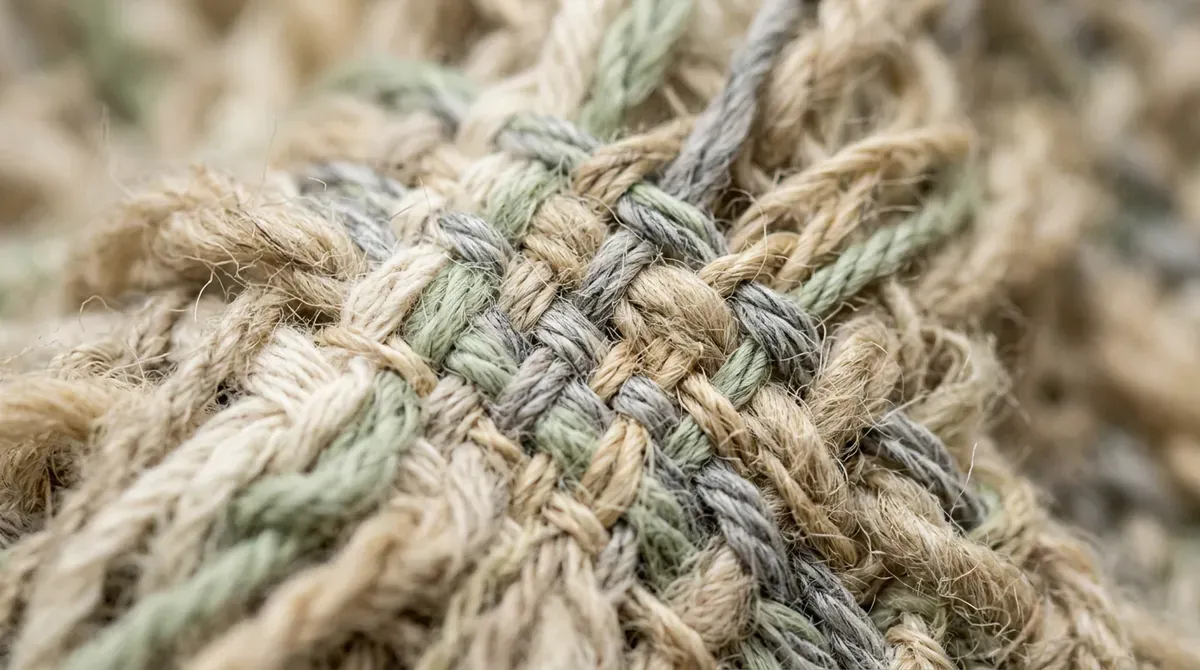 Close-up of woven natural fiber ropes in beige, light green, and grey, showing a rough, textured pattern.