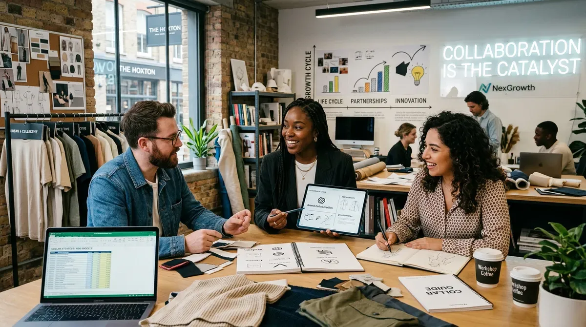 Three diverse colleagues collaborate on fashion design in a modern office, discussing ideas with a tablet and sketches.