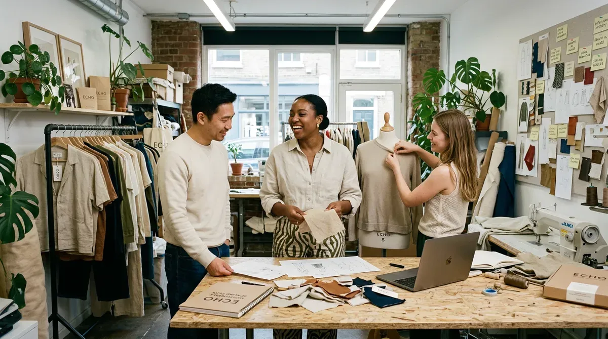 Three smiling fashion designers collaborate in a bright studio, discussing fabrics, sketches, and adjusting a garment on a mannequin.