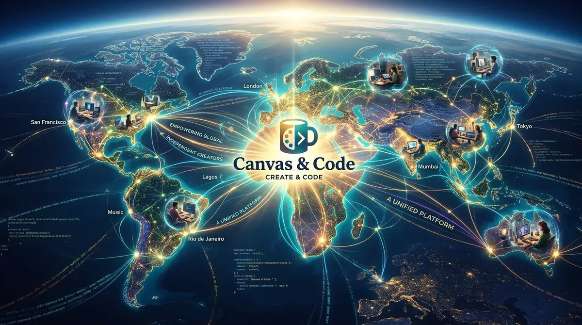 Digital world map with glowing network connecting global creators coding, centered on "Canvas & Code" platform logo.