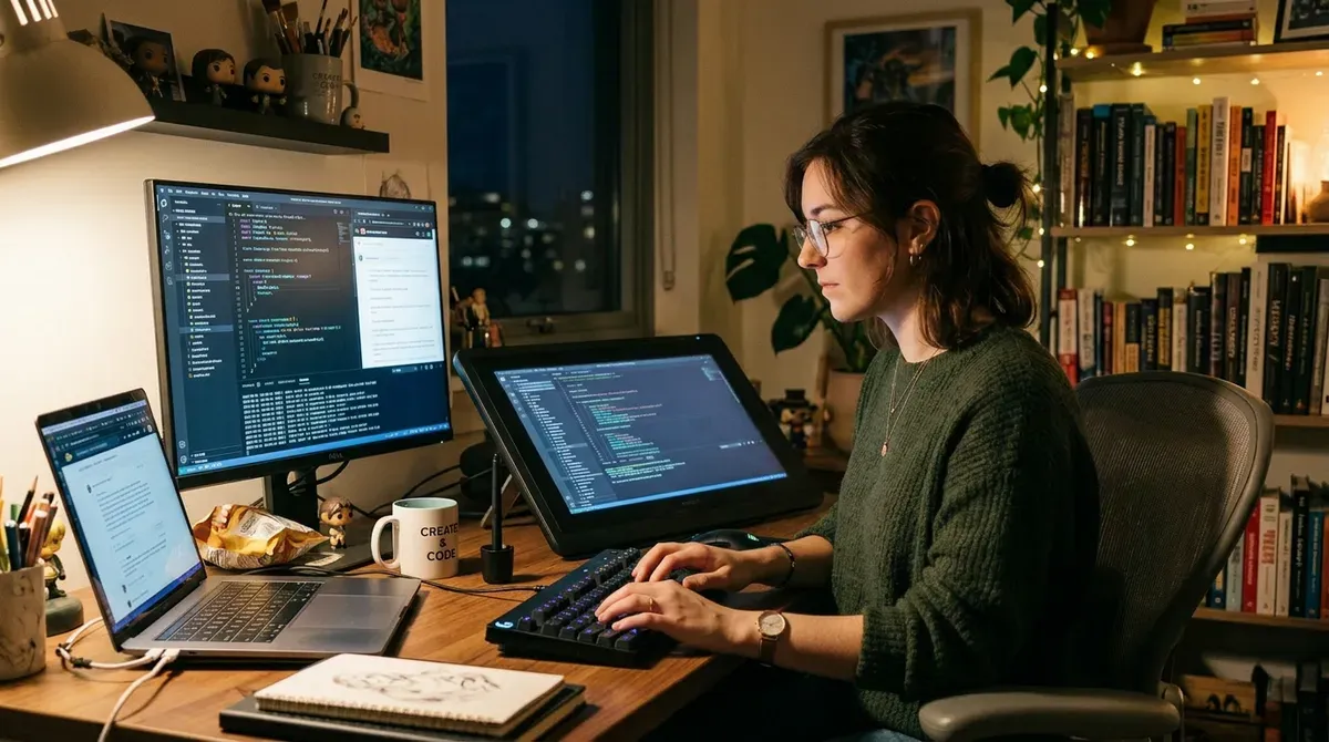 Woman software engineer coding on a multi-monitor desk setup with laptop, monitor, and tablet in a cozy home office.