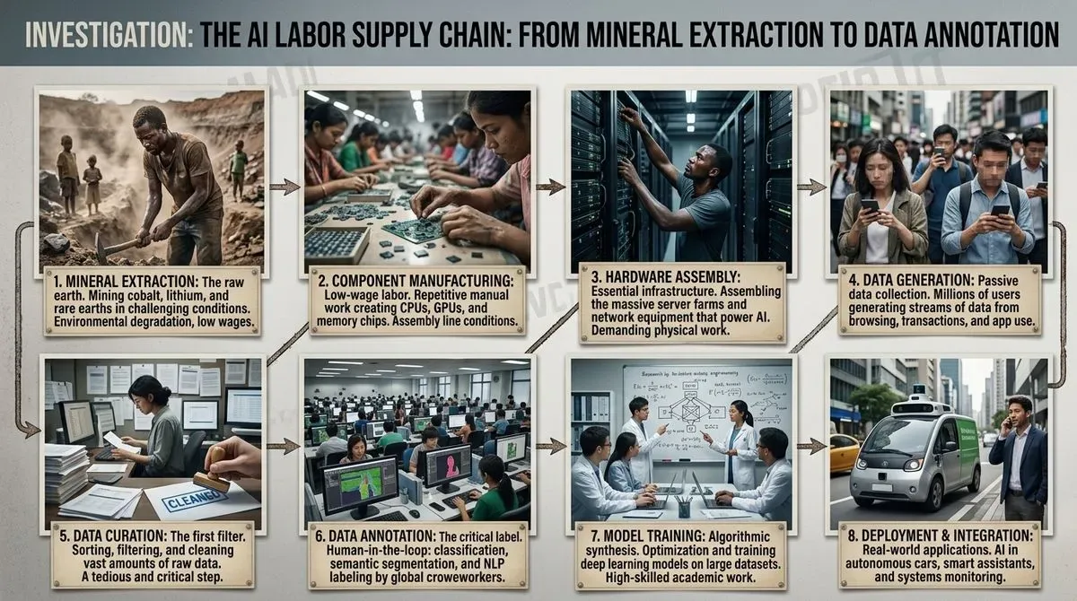 Infographic detailing the AI labor supply chain from mineral extraction, hardware manufacturing, data generation, to model training & deployment.
