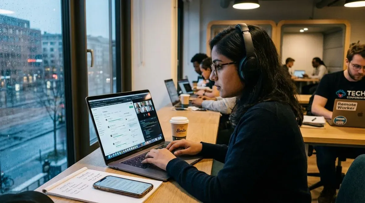 Woman with headphones on laptop, video call active, in a co-working office. Rainy city view outside.