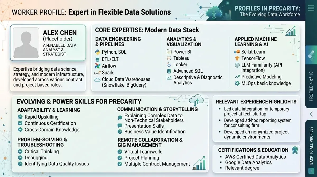 Worker profile for Alex Chen, an AI-enabled data analyst & strategist, detailing core expertise, skills, and experience.