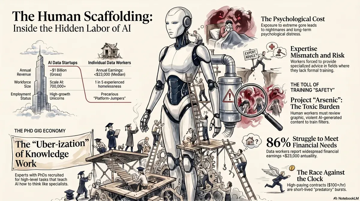 Infographic: Humans on scaffolding build a robot, detailing AI's hidden labor, low pay, psychological toll, and precarious work.