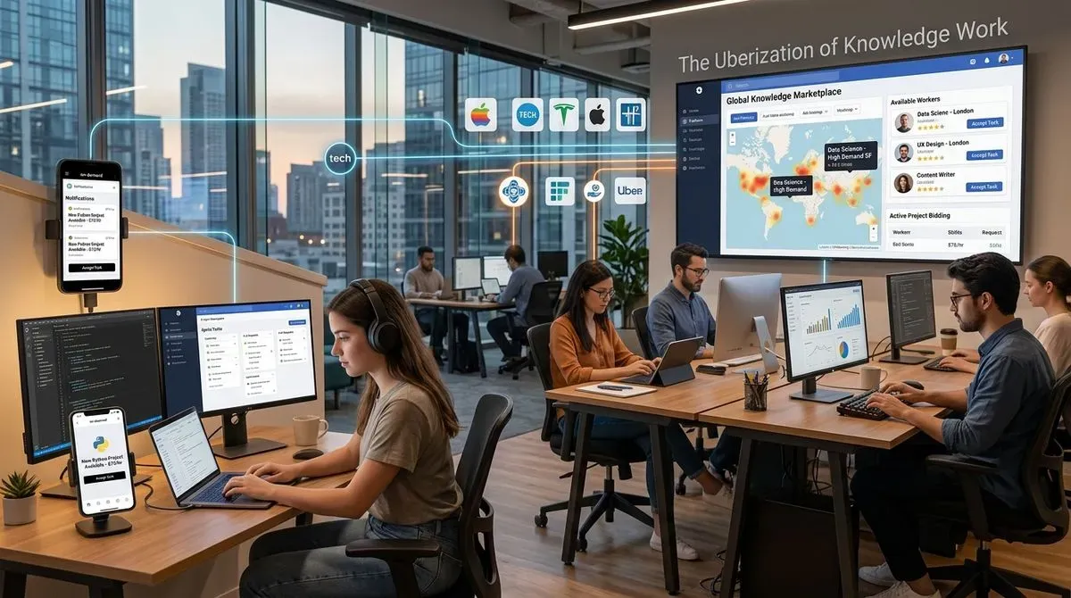 Professionals in a modern office, digitally connected to a 'Global Knowledge Marketplace' screen showing available workers & projects.