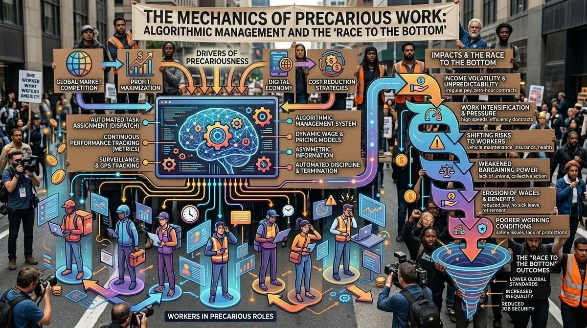 Infographic at a protest on precarious work, algorithmic management, and the 'race to the bottom,' showing workers & impacts.