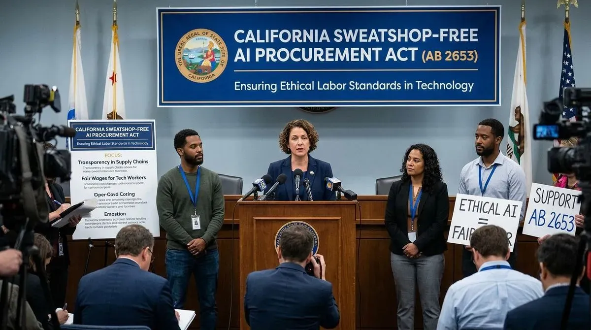 California press conference for AB 2653, Sweatshop-Free AI Act. Woman speaks, supporters hold "Ethical AI" signs.