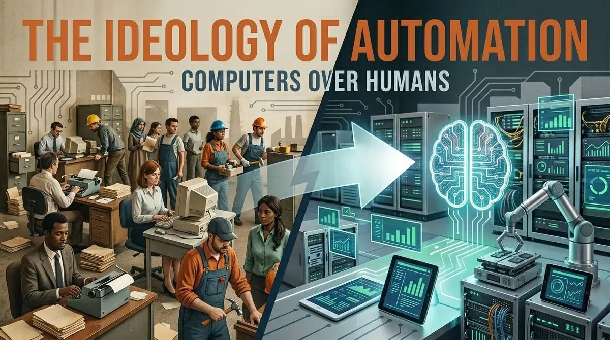 The Ideology of Automation: Computers Over Humans. Split image showing manual labor transitioning to AI and robotics.