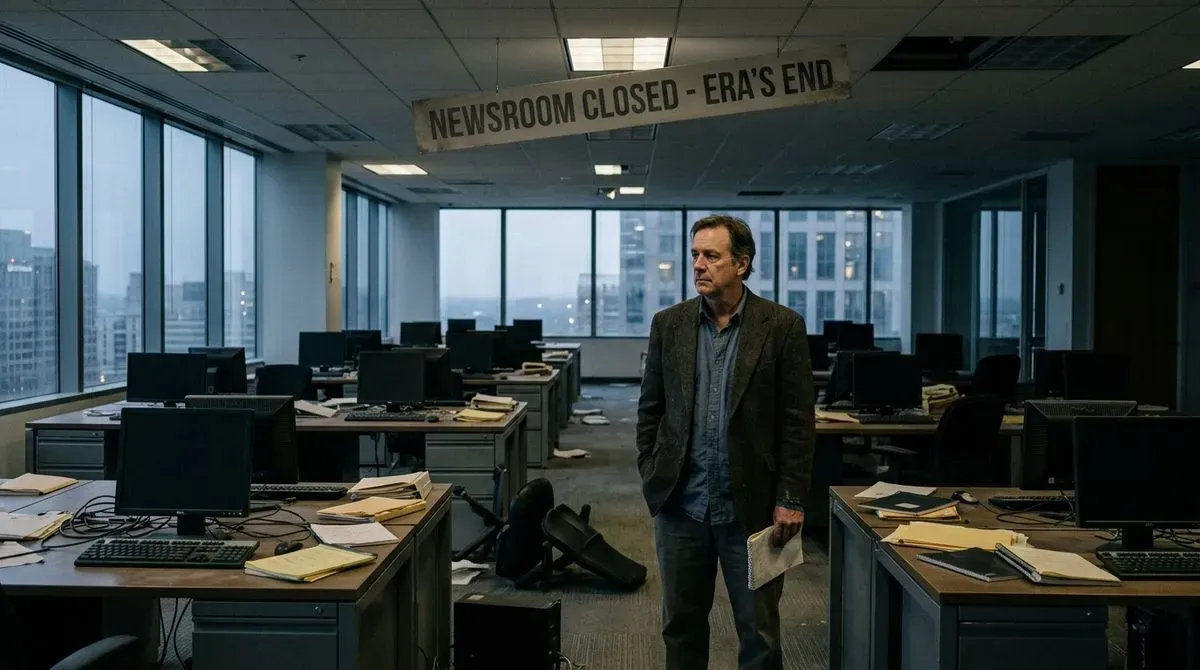 Sole man in a desolate newsroom under a "NEWSROOM CLOSED - ERA'S END" banner, reflecting on the end of an era.