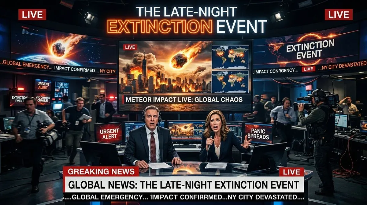 Live newsroom reports 'The Late-Night Extinction Event' with meteor hitting NYC, anchors shocked, staff in panic.