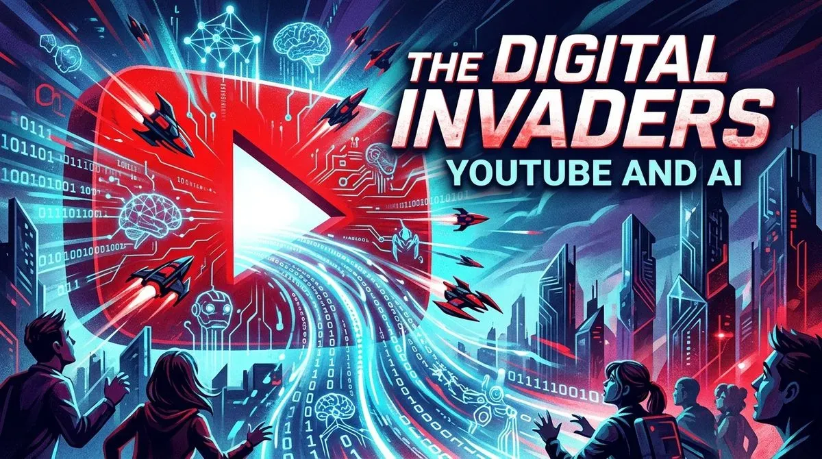 The Digital Invaders: YouTube and AI. Futuristic scene with glowing YouTube logo, AI brains, rockets, binary code, and people.