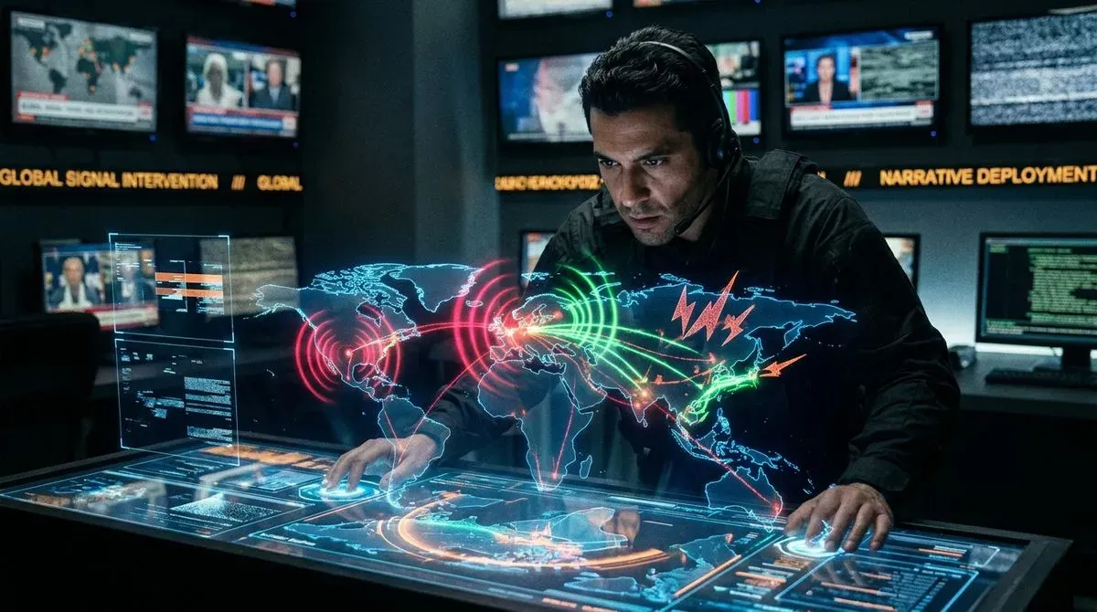 Man in headset controls a holographic world map showing global data, signals, and intervention in a high-tech control room.