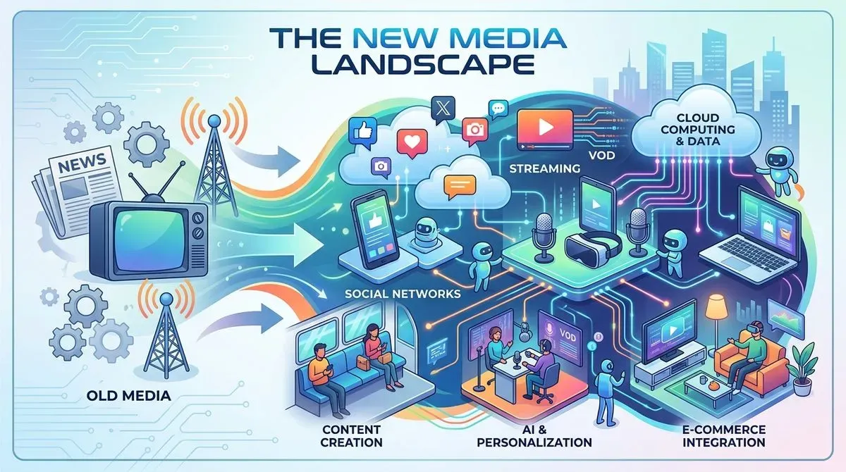 Diagram of the New Media Landscape: Old media (TV, newspaper) evolving to social networks, streaming, AI, and e-commerce.