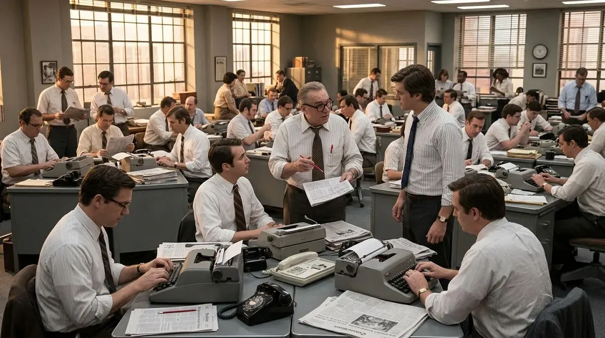 Busy 1960s newsroom with men typing on typewriters and discussing stories.