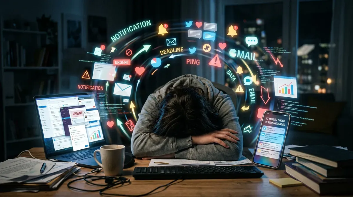 Burned out person slumped at desk, overwhelmed by a digital storm of urgent notifications, emails, deadlines, and data.