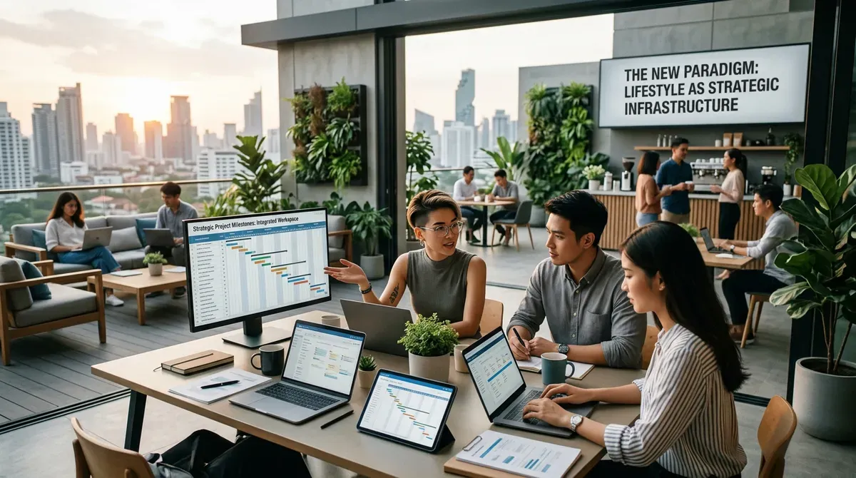 Professionals collaborating in a modern, green co-working space with laptops, project charts, and a city sunset view.