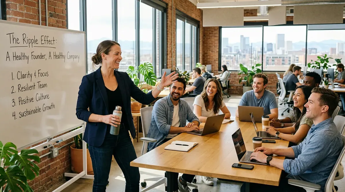Woman leads a workshop for a diverse, smiling team in a bright, modern office with city views. Whiteboard shows "The Ripple Effect."
