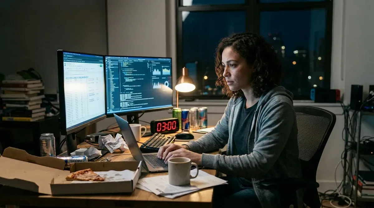 Woman developer coding late night on laptop with dual monitors, pizza, and energy drinks on her cluttered desk.