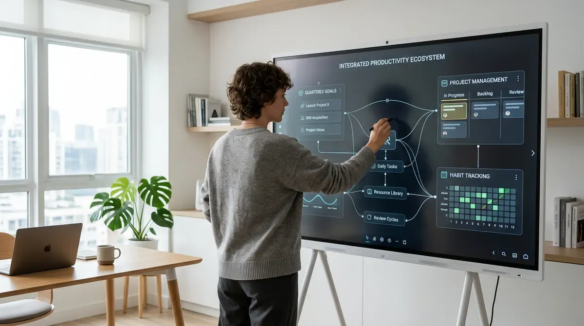 Person using a large interactive display for project management & habit tracking in a modern office.