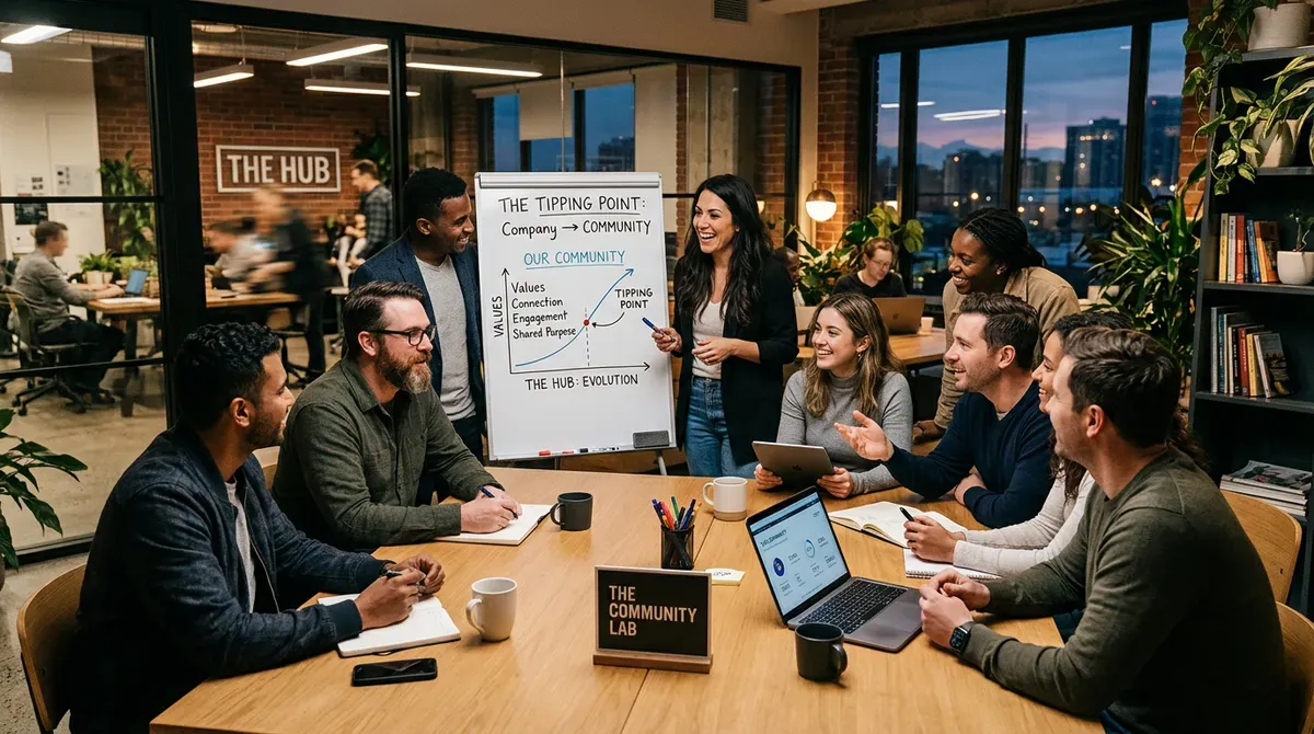 Diverse team in a modern office. Woman presents "The Tipping Point: Company -> Community" strategy on a whiteboard to engaged colleagues.