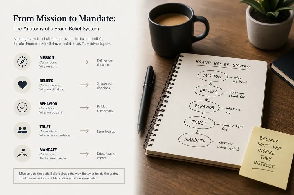 Diagram illustrating a Brand Belief System: Mission, Beliefs, Behavior, Trust, Mandate. Explained on a notebook with text.