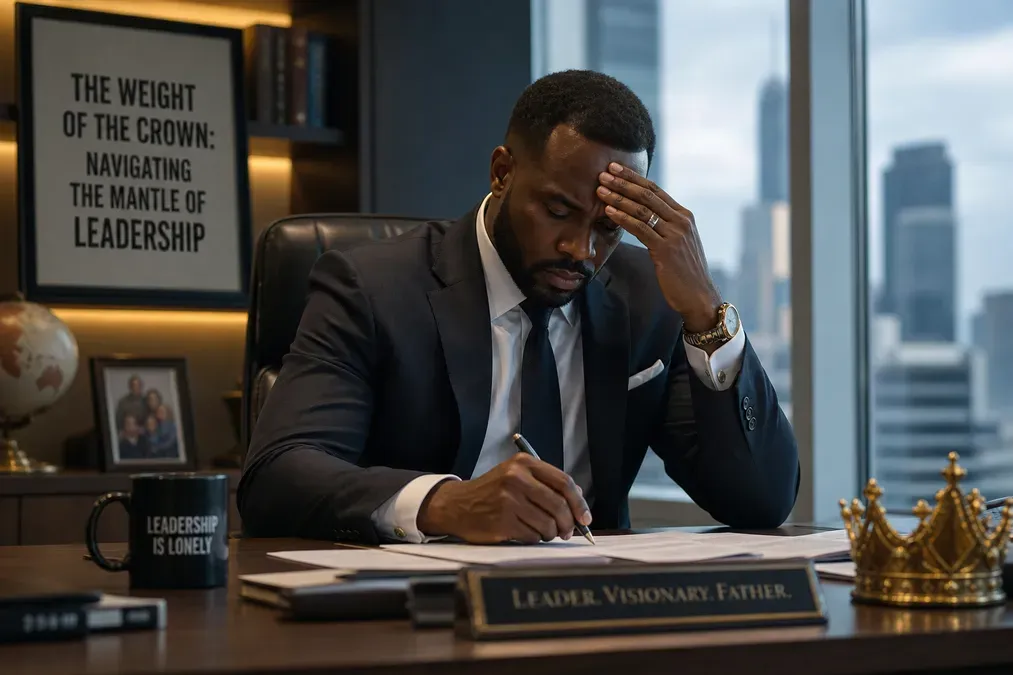 Stressed Black businessman writing at desk, hand on forehead, with "Weight of the Crown" sign, "Leadership is Lonely" mug, and crown.