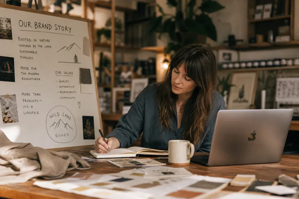 Woman writing brand strategy for "Wild Lane Goods" at a desk with laptop and mood board.