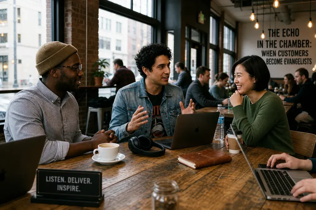 Three diverse people collaborate at a coffee shop with laptops, coffee, and a 'LISTEN. DELIVER. INSPIRE.' sign.