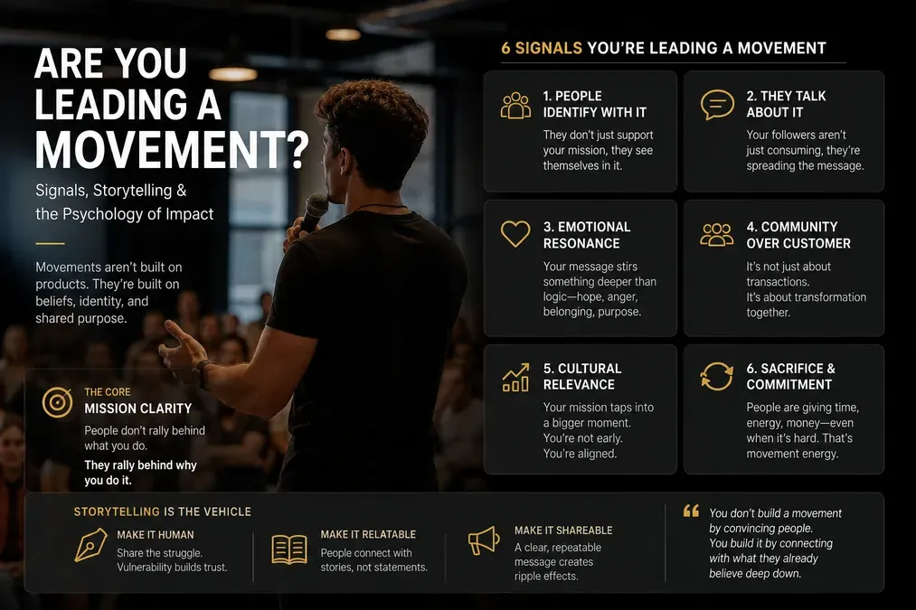 Infographic: Are You Leading a Movement? Speaker, 6 signals (identify, talk, resonate, community, culture, sacrifice), storytelling, mission clarity.