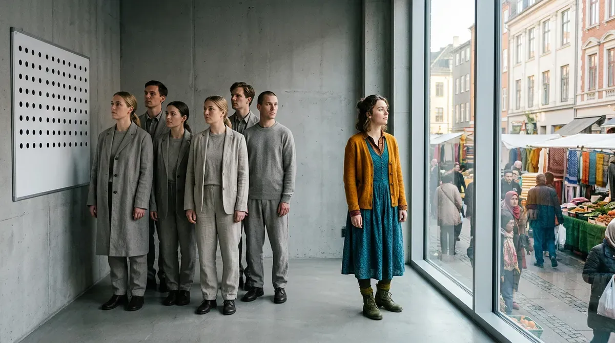 Seven people in grey look at a dotted board; a woman in colorful dress looks out at a bustling street market.