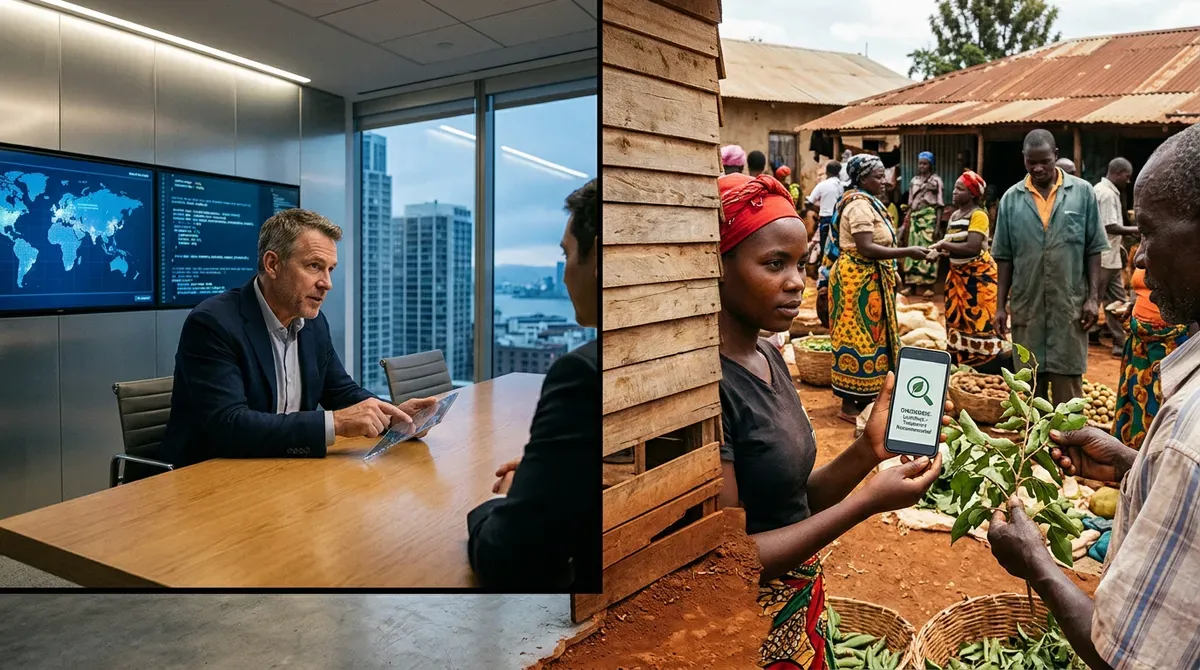 Global business leader in modern office with world maps, contrasted with woman in rural market using phone for plant ID.