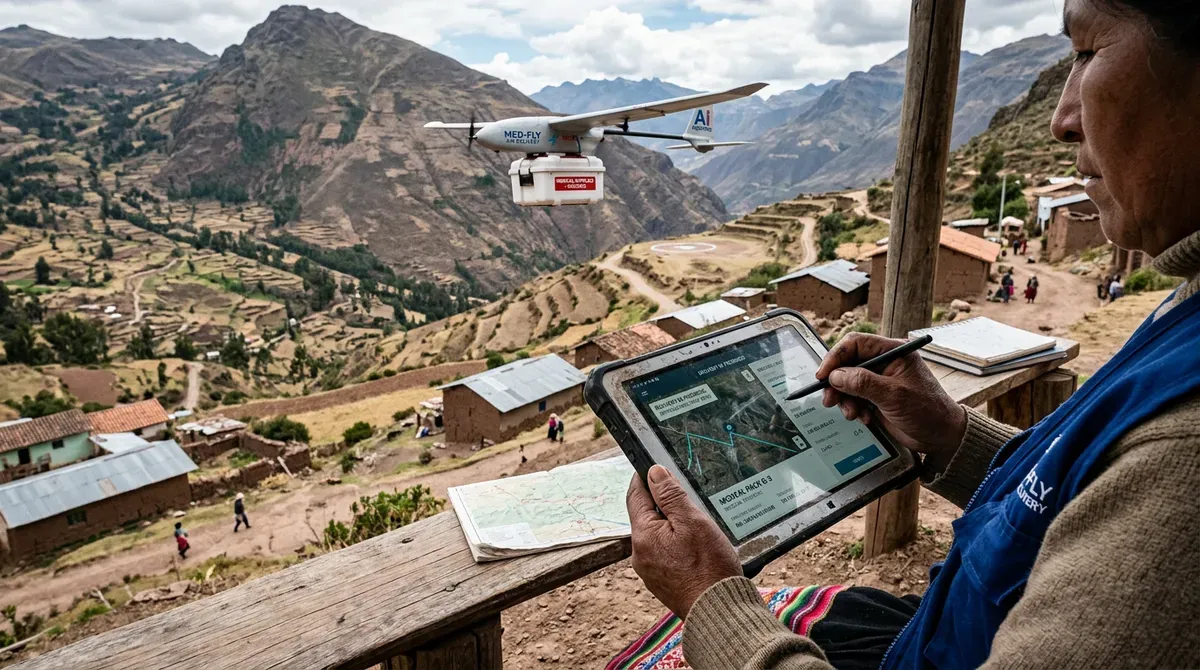 Woman tracks a "MED-FLY" drone delivering medical supplies over a remote mountain village using a tablet.